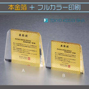 アクリル表彰楯に本金箔を貼り付けた本格的な記念品