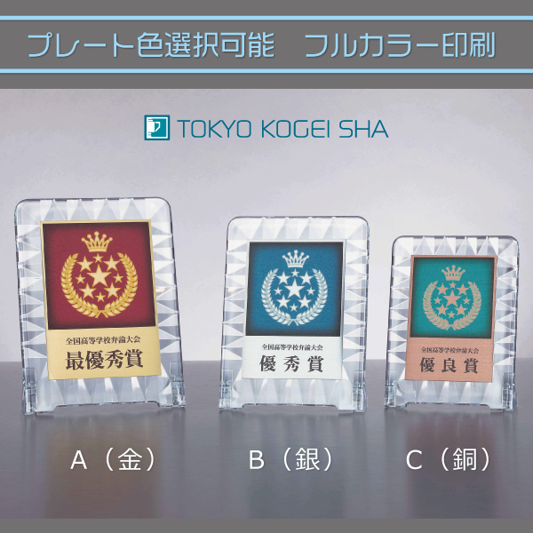 クリヤ樹脂製で金銀銅のアルミプレート付き表彰楯