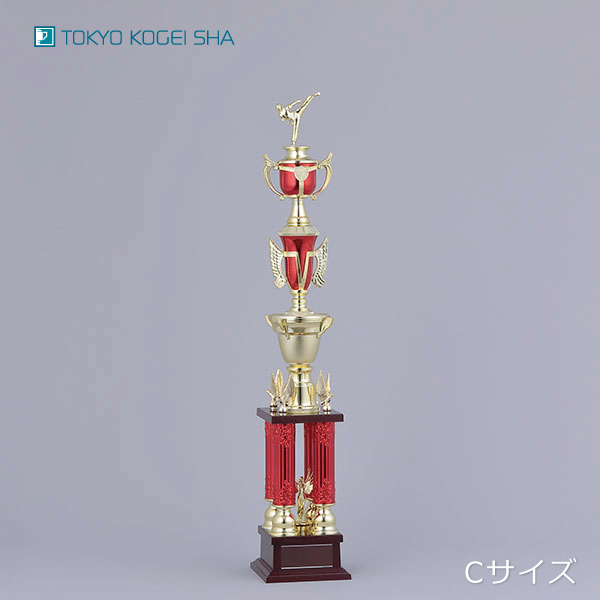 上部の人形を競技別に選べる、赤い装飾が映えるトロフィー