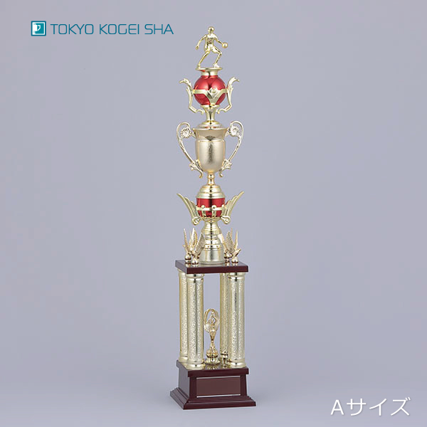 金色を基調とした豪華な4本柱トロフィー、サッカーや野球大会におすすめ