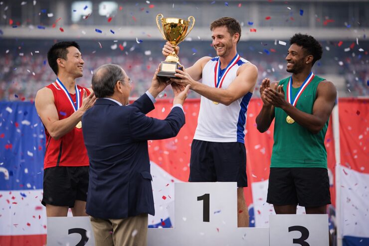 スポーツ大会で金色トロフィーが授与されるシーン
