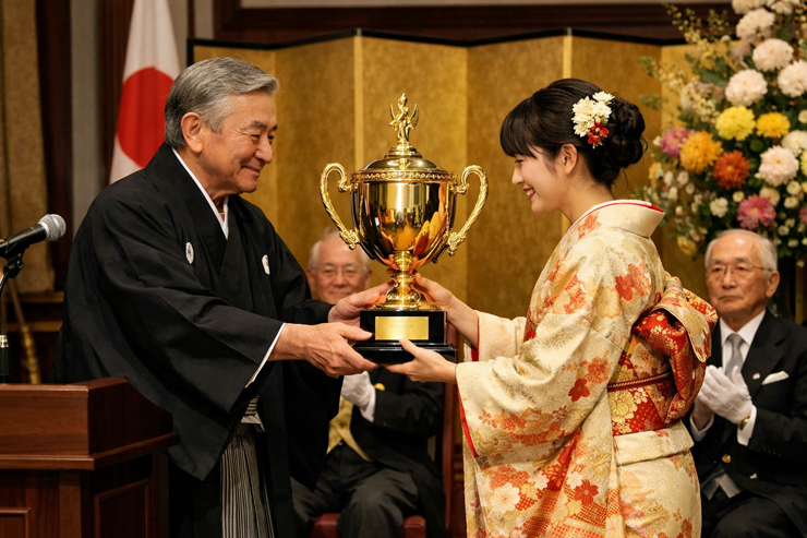 しきたりのある式典で金色のトロフィーを授与しているシーン